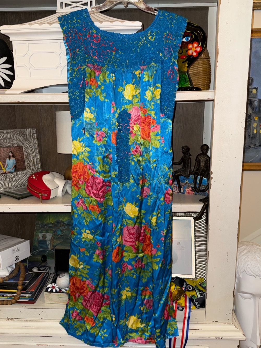 Mi Golondrina mexico Small s blue floral silky midi dress - Picture 2 of 6